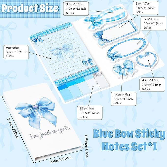 Xqumoi Coquette Blue Bow Sticky Notes Set - I’m Just A Girl Self-Stick Note Pads Bowknot Notepads Writing Memo Pad Page Marker Bookmarker Preppy Girly Stuff Back to School Office Supplies Gift