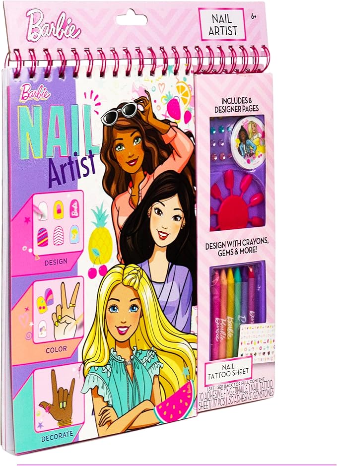 Barbie Nail Artist Magazine, 28-Page Magazine With Templates, Stickers, & Tips, Press-on Nails, Cute Nail Stickers & Gems, Crayons Included, 6 Year Old Girl Birthday Gift, Cute Girls Toys