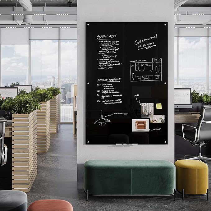 U Brands Glass Non-Magnetic Dry-Erase Board, 72" X 48" Inches, Black Surface, Frameless