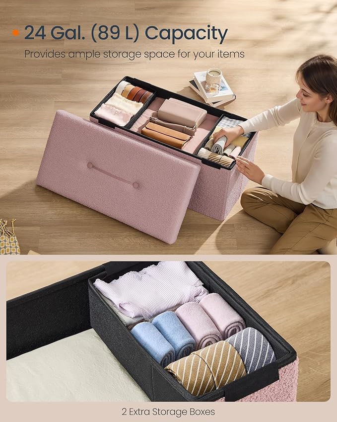 SONGMICS Storage Ottoman Bench, Storage Chest, 15 x 30 x 15 Inches, Foot Rest Stool, End of Bed Bench, Load up to 660 lb, for Living Room, Bedroom, Entryway, Jelly Pink ULSF096R01