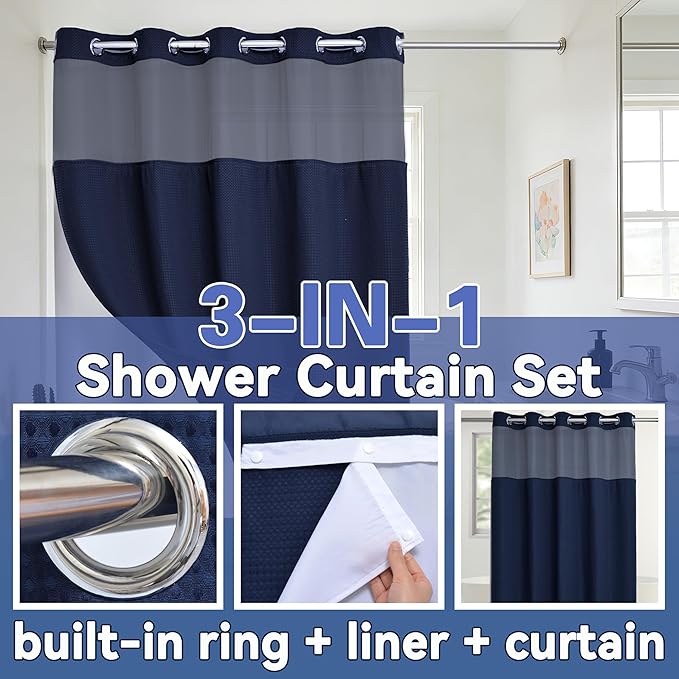 Conbo Mio No Hook Waffle Weave Shower Curtain with Snap in Liner Set, Hotel Luxury Navy Blue Shower Curtains for Bathroom with See Through Top Window, Waterproof, Washable 71W x 74H