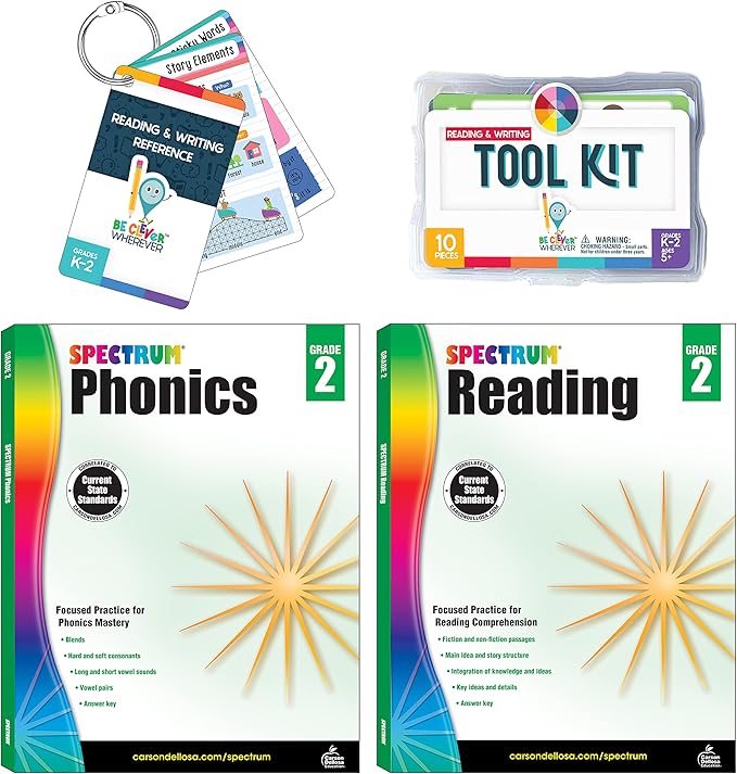 Carson Dellosa 29-Piece Reading Comprehension 2nd Grade Teaching Supplies, Spectrum Phonics and Reading 2nd Grade Workbooks, Writing Tool Kit, and Reference Flash Cards