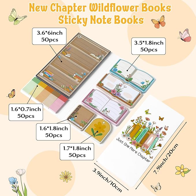 B1ykin Cute Sticky Notes Set - Just One More Chapter Self-Stick Notes Pad, 550 Sheets Writing Memo Pages Sticky Notepad for Teacher Appreciation Gift, School Office Party Favors Supplies (Wildflower)