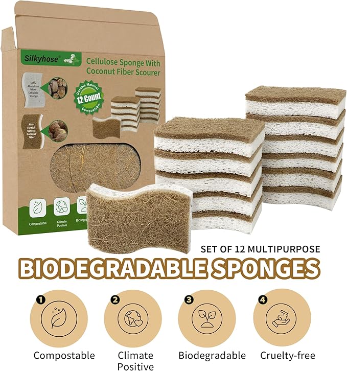 12 Pack Natural Kitchen Sponges, Biodegradable & Compostable | Non-Scratch Cellulose Coconut Fiber Sponges for Dishes, Pots & Pans | Eco-Friendly Cleaning Sponge