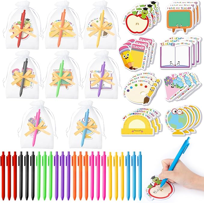Xqumoi Teacher Appreciation Sticky Notes with Pen Gift Set - 24 Set Back to School Self Sticky Writing Memo Pads Ballpoint Pens with Mesh Bag Party Favors Classroom Rewards Office Supplies