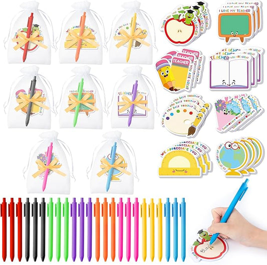 Xqumoi Teacher Appreciation Sticky Notes with Pen Gift Set - 24 Set Back to School Self Sticky Writing Memo Pads Ballpoint Pens with Mesh Bag Party Favors Classroom Rewards Office Supplies