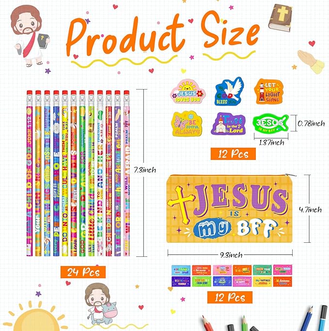 Cinrobiye 48 Pcs Bible Verse Party Favors Sets Religious Motivational Gift Motivational Bible Verse Pencil Case Pouch Pencils Erasers for Religious Gifts Sunday School Prizes Supplies