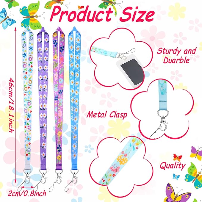 Marspark 14 Pcs Seasonal Holiday Lanyards for ID Badges Spring Easter Lanyards Floral Keychains Bulk Flower for Spring Seasonal Teacher Office Supplies