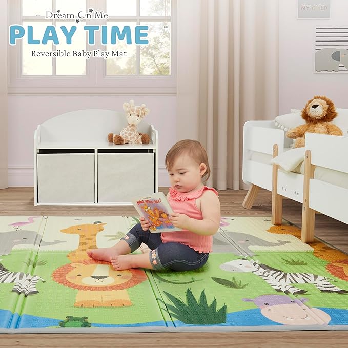 Dream On Me Play Time Reversible Baby Play Mat Foldable Extra Large Thick Foam Crawling Playmats for Toddlers Waterproof Portable Playmat, Happy Feet