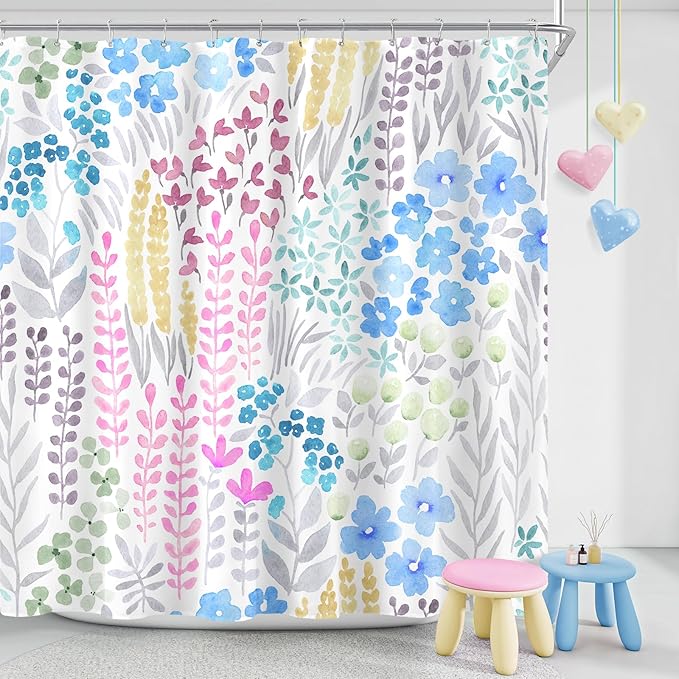 Extra Long Shower Curtain 72 x 84 Inch, Tall Cute Floral Shower Curtain for Bathroom, Blue Pink Yellow Wildflower Boho Cottagecore Fabric Shower Curtain Set with Hooks