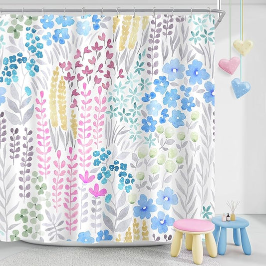Extra Long Shower Curtain 72 x 84 Inch, Tall Cute Floral Shower Curtain for Bathroom, Blue Pink Yellow Wildflower Boho Cottagecore Fabric Shower Curtain Set with Hooks
