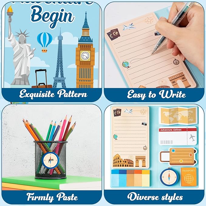 B1ykin Cute Sticky Notes Set - Let The Adventure Begin Self-Stick Notes Pad, 550 Sheets Writing Memo Pages Sticky Notepad for Teacher Appreciation Gifts, School Office Party Supplies (Begin Traveling)