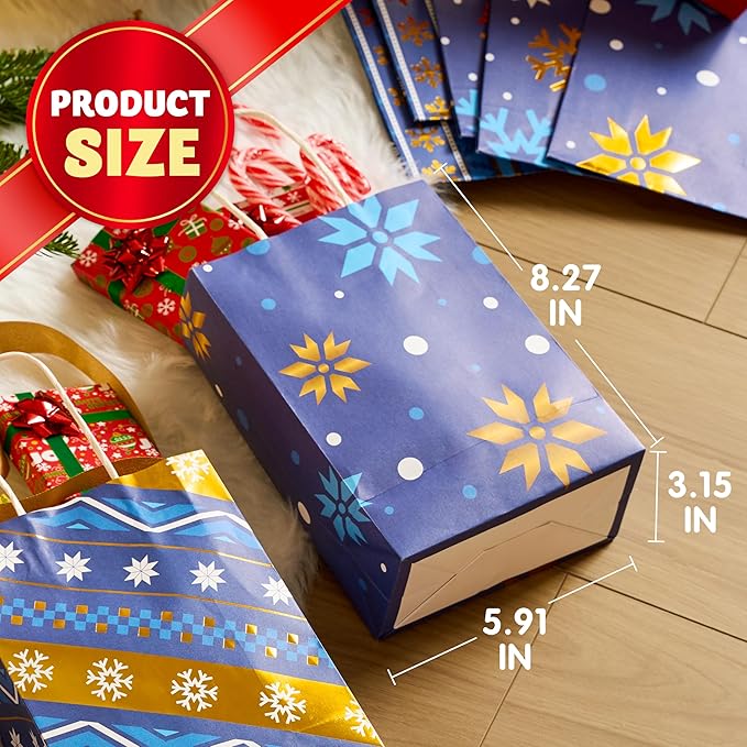 JOYIN 24 PCS Christmas Kraft Gift Bags Xmas Holiday Present Wrapping Paper Goody Bags with Handles for Classrooms and Wedding Decor, Party Favors and Decor Supplies (Blue, 8.27" x 5.91" x 3.15")
