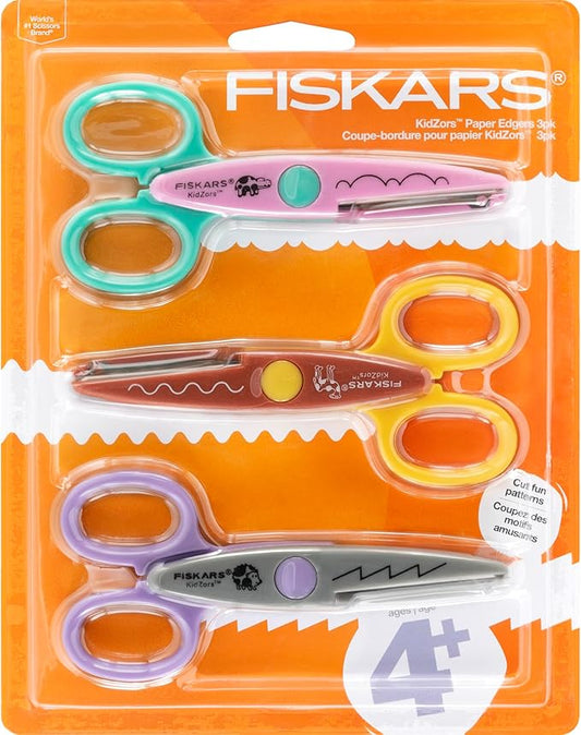 Fiskars Craft Scissors for Kids, Decorative Edge with Zoo Animal Pattern, Zig Zag Design, Ages 4-7, 3-Pack