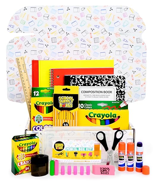 School Supply Boxes | K-5 Pallet (180 Boxes) | Back to School Essentials Kit for Students & Teachers | Includes Wide-Ruled Paper Products, Crayons, Markers, Colored Pencils, & More