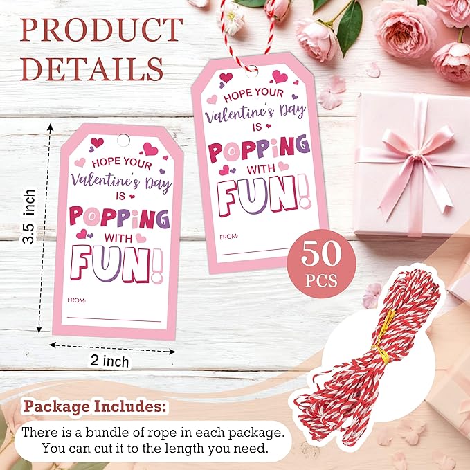 50 Pcs Have A Poppin Valentines Day Sticker Label, Valentine Gift Tags with String, Gift Label Paper Tags Labels Idea Valentines Activity Party Favors-Pink