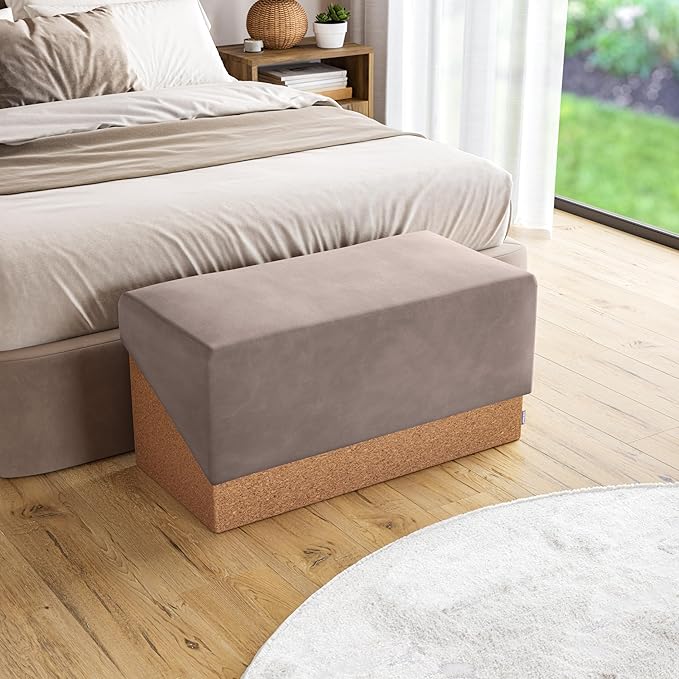 Seville Classics Cushioned Fabric Ottoman Hidden Storage Chest Footrest Chair, Padded Seat for Bedroom, Dorm, Loft, Living Room, Entryway, Hallway, Cork/Taupe, 30" Bench