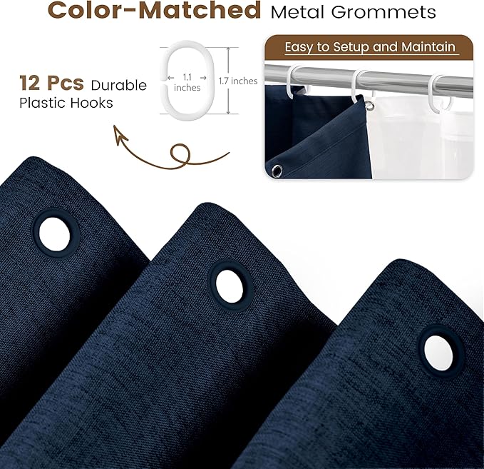 BTTN 3 in 1 Shower Curtain Set, Navy Blue Linen Textured Fabric Shower Curtain and Clear Liner Set with Plastic Hook, Modern Hotel Luxury Weighted Waterproof Shower Curtain for Bathroom, Blue, 72x72