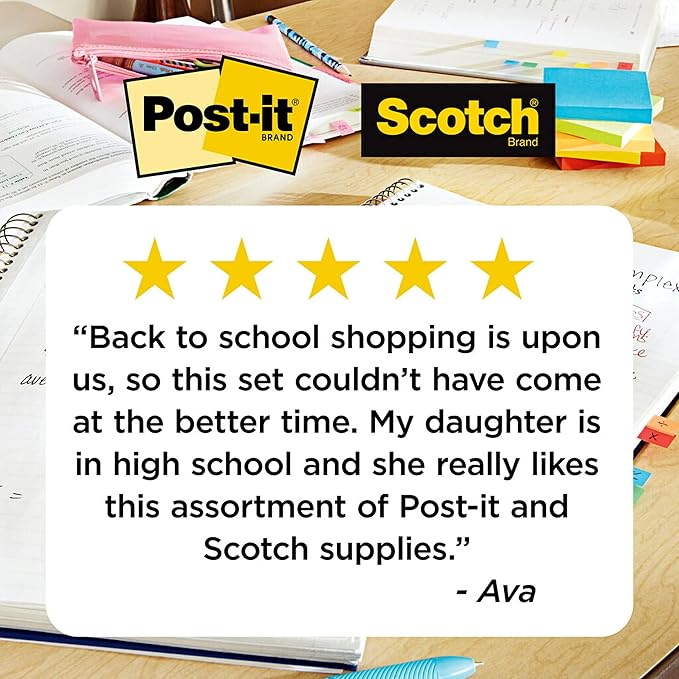 Post-it and Scotch Brand Essentials Pack, Back to School and Office Supplies, Includes Super Sticky Notes, Flags, Magic & Super Hold Tape & Multi-Purpose Scissors (Pack of 4)