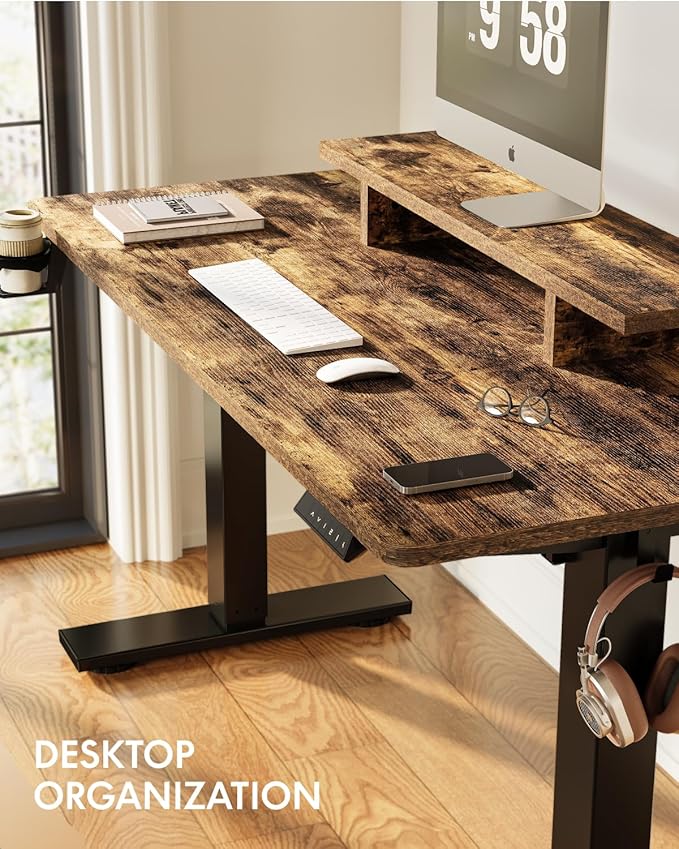 FLEXISPOT Standing Desk with Monitor Stand, 55 x 24 Inches One-Piece Electric Height Adjustable Computer Desk with Cup Holder, Home Office Desks (Black Frame+ Rustic Top)