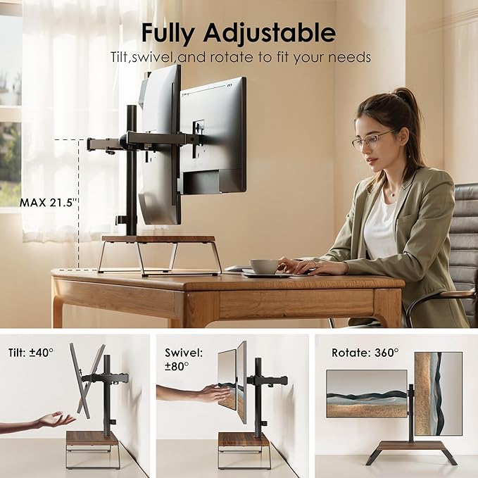 Dual Monitor Stand Riser for 12-27 Inch Computer Screens, Freestanding Double Monitor Stand for Desk, Adjustable Dual Monitor Mount Each Arm Hold up to 22lbs, VESA 75x75/100x100mm