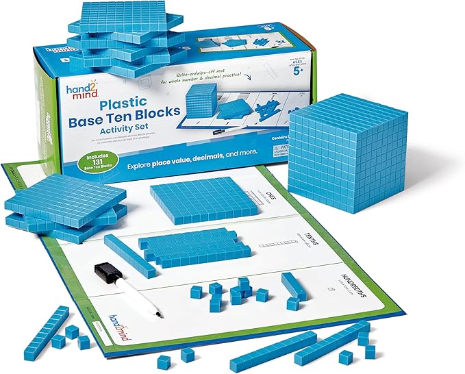 hand2mind Plastic Base Ten Blocks Activity Set, Place Value Manipulatives, Base 10 Blocks for Math, Counting Cubes, Math Manipulatives 1st Grade, Small Group Classroom Must Haves (133 Pieces)