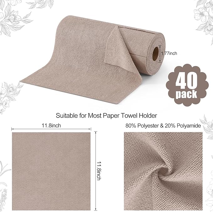 Homaxy Tear Away Dish Cloths Rolls, 40 Sheets-11.8" X 11.8", Reusable Washable Dish Towels for Kitchen, Ultra Absorbent and Quick Drying Microfiber Cleaning Rags, Khaki