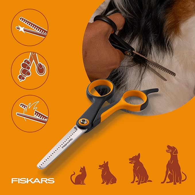 Fiskars Pet, Dog and Cat Grooming Scissors, Serrated Teeth for Thinning & SoftGrip Handle, Cat and Dog Supplies, 6.5”, Orange/Black, Blending Scissors