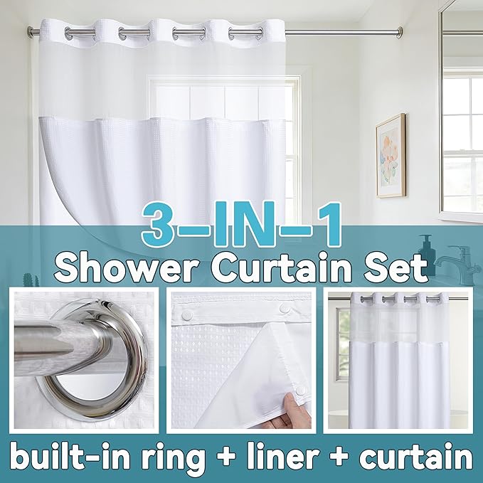 Conbo Mio Stall No Hook Waffle Weave Shower Curtain with Snap in Liner Set, Hotel Luxury White Shower Curtains for Bathroom with See Through Top Window, Waterproof, Washable 54W x 74H