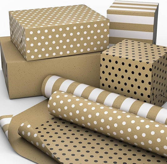 Hallmark Bulk Kraft Reversible Wrapping Paper Rolls (2 Rolls: 160 Sq. Ft. Total) Black Polka Dots, White Stripes for Birthdays, Weddings, Graduations, Baby Showers, Holidays
