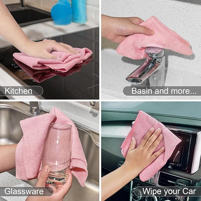 UPSTAR Microfiber Cleaning Cloth, Reusable Paper Towels Rolls, 50 Packs 12x12 inch Cleaning Rags for Washing Dishes, Kitchen, Bathroom, Car, Pink