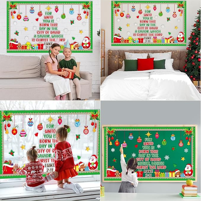 Christmas Religious Bulletin Board Set Christmas Tree Classroom Decor Christian Bible Lord Xmas Gift Boxes Snowflakes Cutouts for Winter Holiday Sunday School Church Classroom Chalkboard Wall Decor