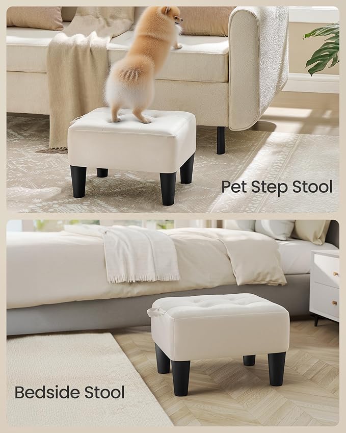 SONGMICS Foot Stool with Legs, Small Footstool Ottoman, Velvet Seat with Thick Cushion, for Living Room, Bedroom, Entryway, 330 lb Weight Capacity, Cream White ULOM501W01