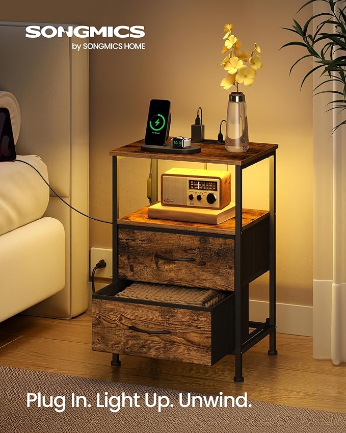SONGMICS BELLAH Collection - Nightstand with Charging Station and App-Controlled Adjustable LED Lights, Bed Side Table, 2 Drawers and 1 Open Shelf, Bedroom, Rustic Brown and Ink Black ULGS302KD01S