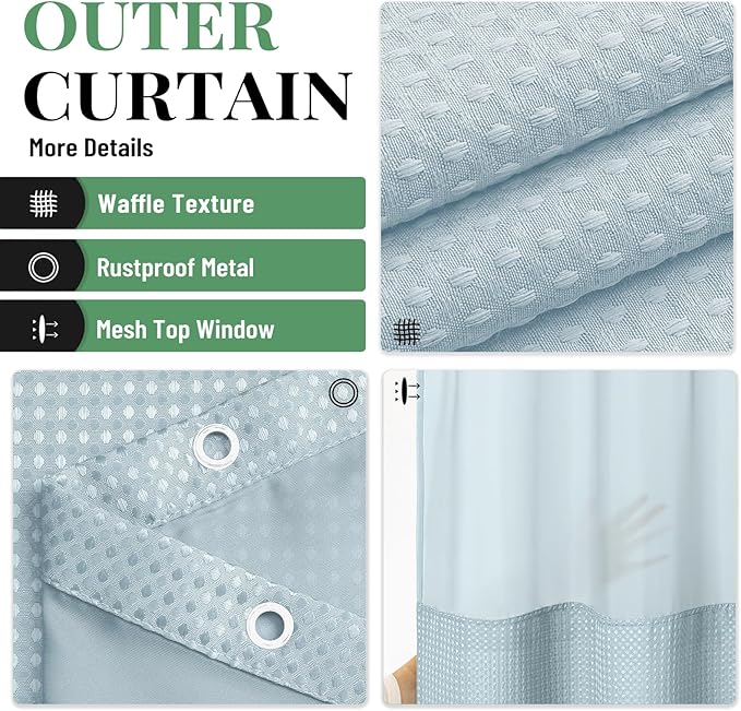 Dynamene 78 Inch Long Shower Curtain, Tall Waffle Fabric Shower Curtains for Bathroom, Hotel Waterproof Cloth Shower Curtain Liner Set with Hooks, Snap in Liner, Mesh Top Window, Fog Blue, 72x78