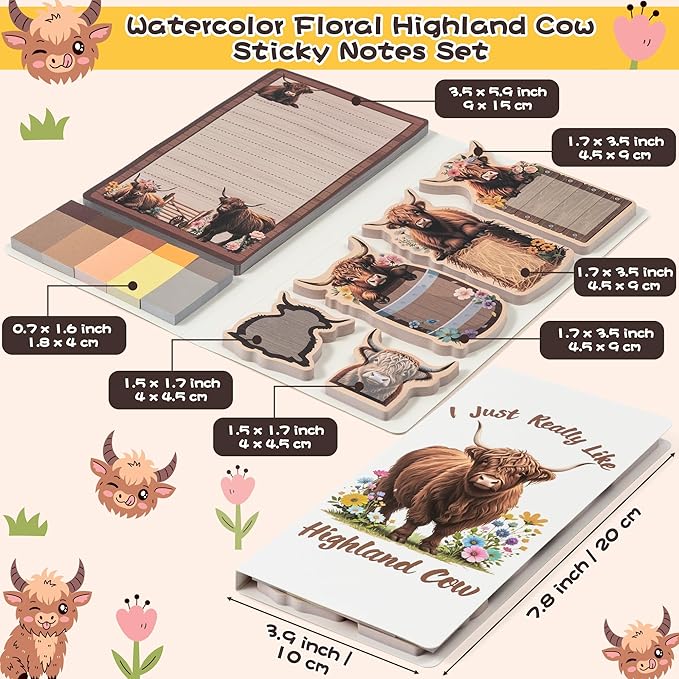 B1ykin Cute Sticky Notes Set - I Just Really Like Highland Cow Self-Stick Notes Pad, 550 Sheets Writing Memo Pages Sticky Notepad for Teacher Appreciation Gift, School Party Supplies (Wildflower Cow)