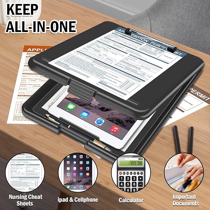 Clipboard with Storage, Clipboards 8.5x11 with Storage, Nursing Clip Board Foldable, Smooth Writing with Pen Holder Clipboards, High Capacity Storage Clip Board for Office Storage, Nurse(Black)