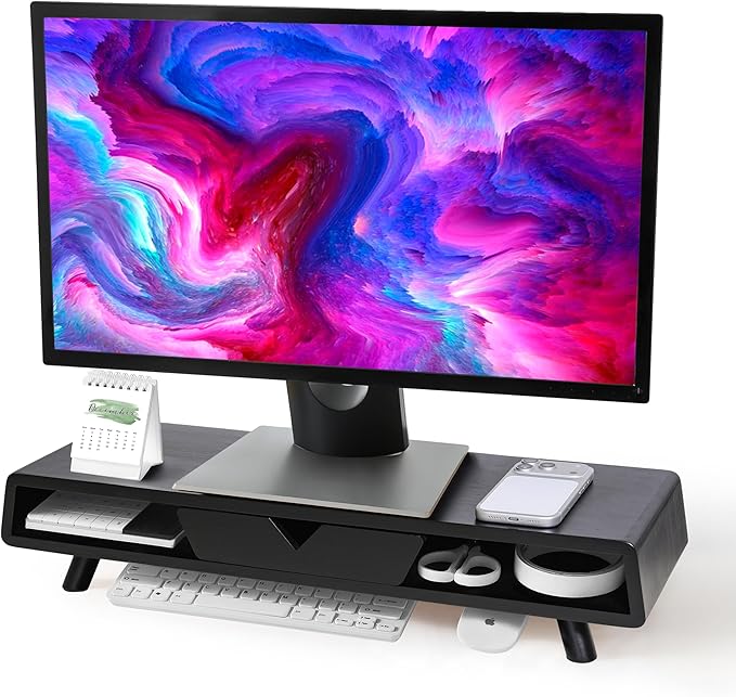 Homerays Monitor Stand with Drawer, Exquisite Computer Monitor Stand for Desk, Ergonomic Wood Monitor Stand Riser for Computer,Laptop,Printer,TV,Bamboo,Black
