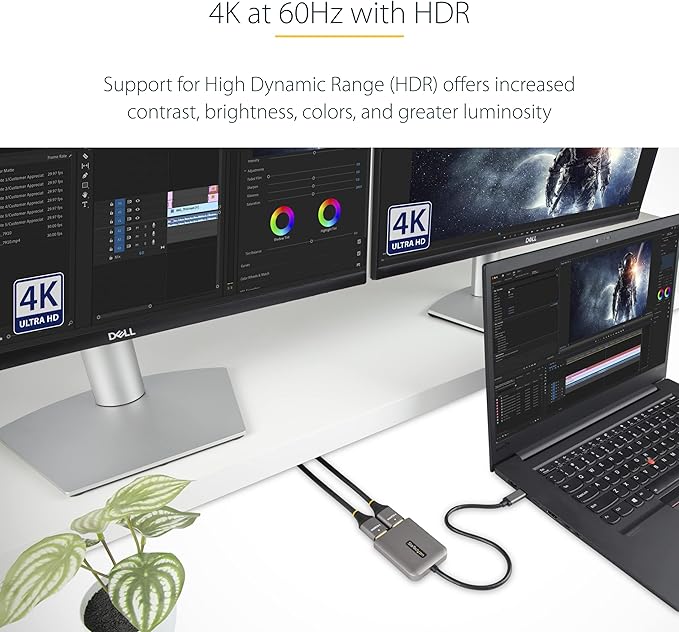StarTech.com USB-C to Dual HDMI Adapter, USB Type-C Multi-Monitor MST Hub, Dual 4K 60Hz HDMI Laptop Display Extender / Splitter, HDR, Extra-Long Built-In Cable, Windows Only (MST14CD122HD)