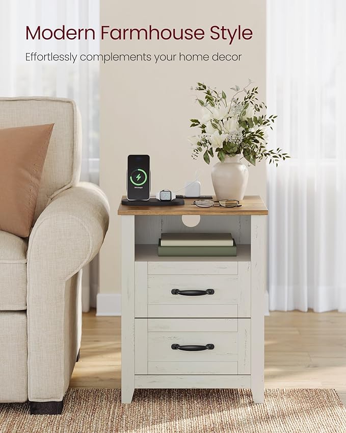 VASAGLE LIRY Collection - Farmhouse Nightstand with Charging Station, Bedside Table, Side Table with 2 Drawers, Open Compartment, for Bedroom, Rustic White and Honey Brown ULET669W01
