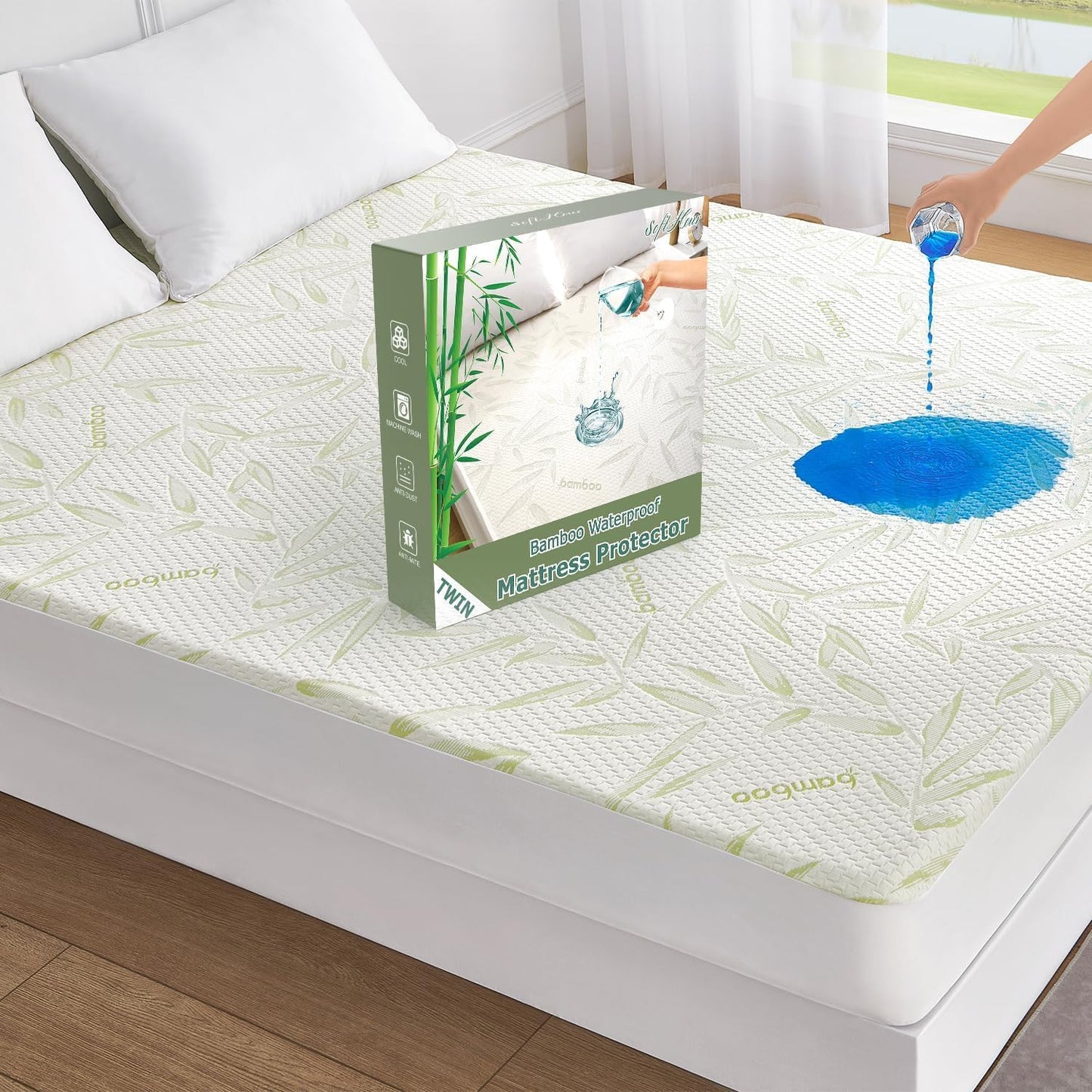 Twin Mattress Protector Waterproof Mattress Pad Washable Bamboo Rayon Mattress Cover Breathable Noiseless Bed Protector 5" - 21'' Elastic Fitted Deep Pocket