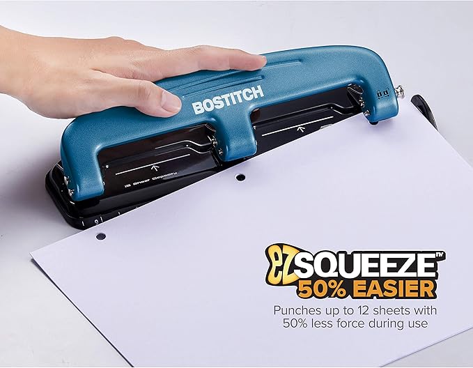 Bostitch Office EZ Squeeze™ Reduced Effort 3-Hole Punch, 12 Sheets, Blue (2103)