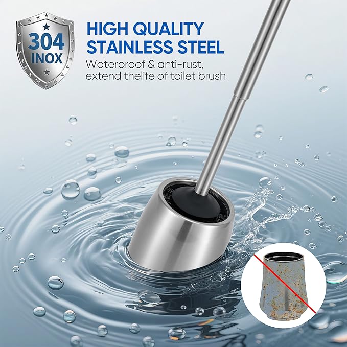 SUS304 Stainless Steel Toilet Brush and Holder Set Stain Nickle 12In Handle BristlesToilet Bowl Brush Cepillo para Baños Bathroom Brushes Cleaning Brush with Case Anti-Rust Brushed Silver