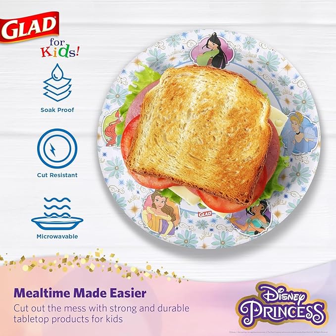 Glad Disney Princess Kids Paper Plates, Heavy Duty Soak Proof and Microwavable, Cut Resistant Disposable Snack Plates for Everyday Meals, School Lunches and Birthday Parties, 8.5 Inch, 40 Count - 2 Pk