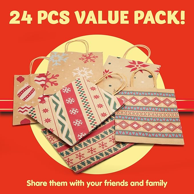 JOYIN 24 PCS Christmas Kraft Gift Bags for Present Wrapping, Holiday Paper Goody Gift Treat Candy Bags for Xmas Decor Supplies Classrooms Wedding and Party Favors (9" x 7.3" x 3.3")