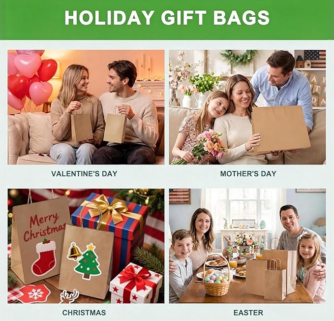 Simple Deluxe 100 Pack Kraft Paper Bags with Handles 10x5x13 - Made in USA -15 Lb Max Load - 100% Recycled Natural Brown Shopping Bags for Retail, Gifts & Merchandise (Premium 90GSM)