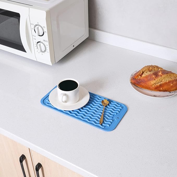 Silicone Dish Drying Mat for Multiple Usage,Easy clean,Eco-friendly,Heat-resistant Silicone Mat for Kitchen Counter or Sink,Refrigerator or Drawer Liner Lichen BlueL S 12 inches x 6 inches