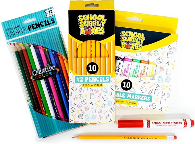 School Supply Boxes | K-5 Bundle (1 Box) | Back to School Essentials Kit for Students & Teachers | Includes Wide-Ruled Paper Products, Crayons, Markers, Colored Pencils, & More
