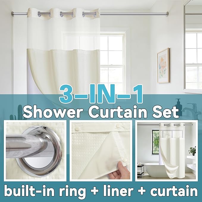 Conbo Mio Stall No Hook Waffle Weave Shower Curtain with Snap in Liner Set, Hotel Luxury Beige Shower Curtains for Bathroom with See Through Top Window, Waterproof, Washable 36W x 74H