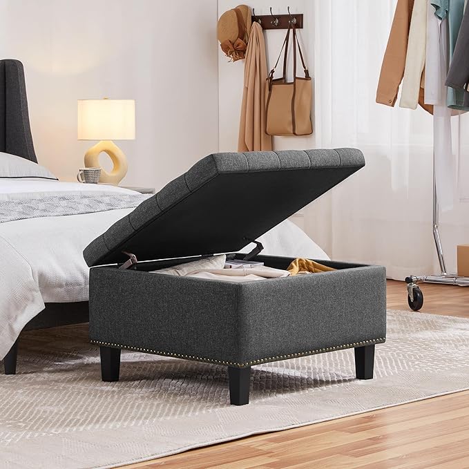 Yaheetech 28-inch Entryway Ottoman Bench with Storage, Multipurpose Foot Rest Sofa Stool in Dark Grey, 2 PCS